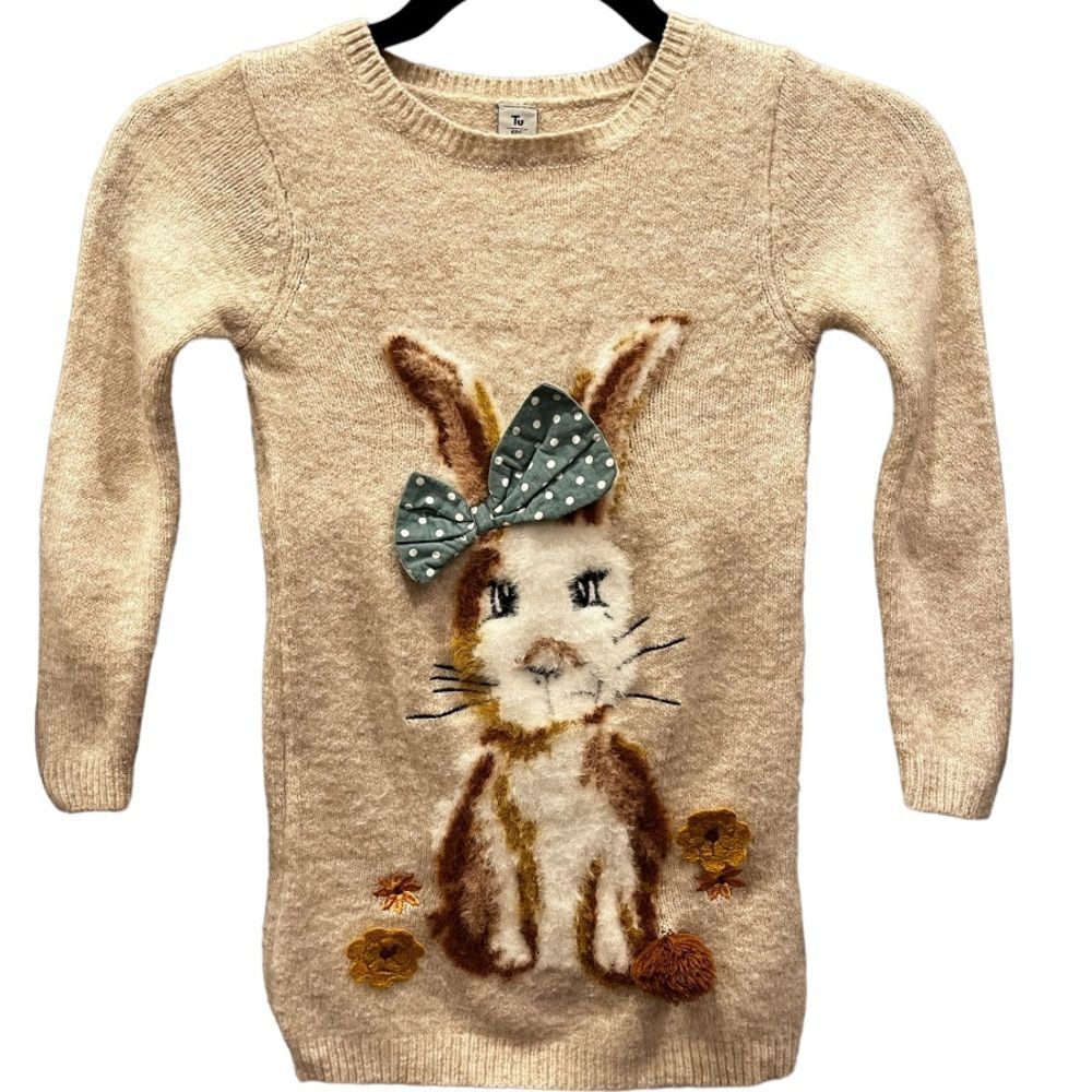 Tu- Sweater Dress. Fluffy bunny appliqué, Crewneck,Long sleeves,w/stretch